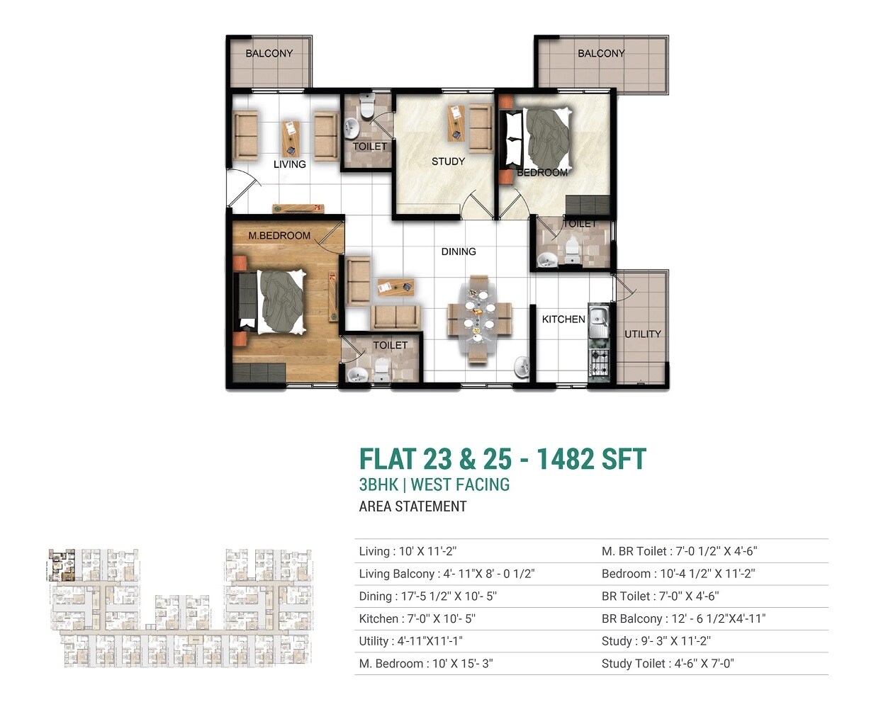 Floor plan of 3 BHK 1482 Sq. Ft. Apartment in Manbhum Hometree, Hyderabad