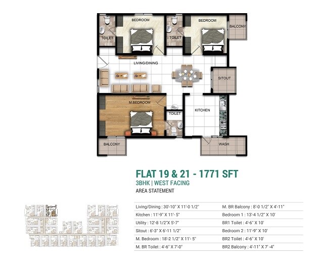 Floor plan of 3 BHK 1771 Sq. Ft. Apartment in Manbhum Hometree, Hyderabad