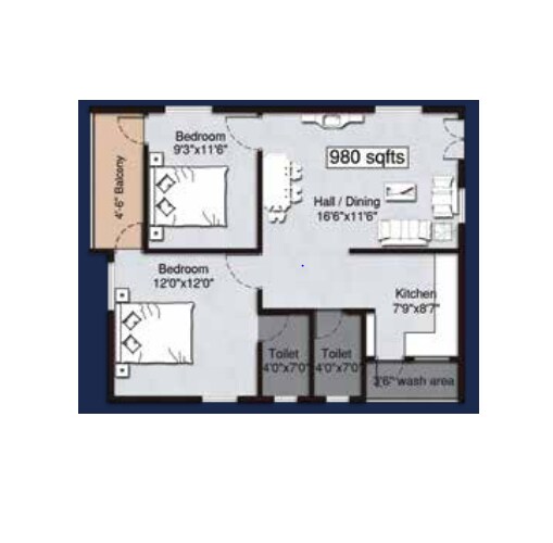 Floor plan of 2 BHK 980 Sq. Ft. Apartment in Mani Sanctum Homes, Hyderabad