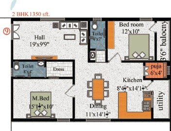 Floor plan of 2 BHK Apartment - 1350 sq. ft. in Manik Mahadev Heights, Hyderabad