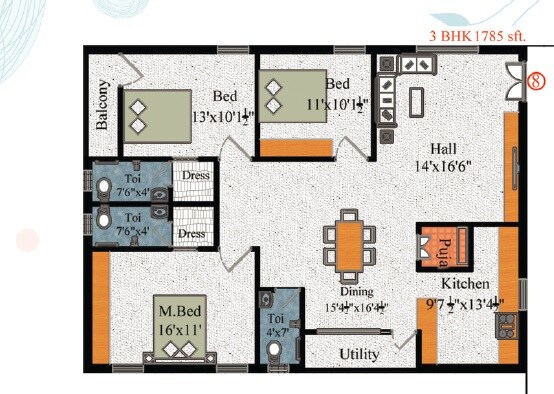 Floor plan of 3 BHK Apartment - 1785 sq. ft. in Manik Mahadev Heights, Hyderabad