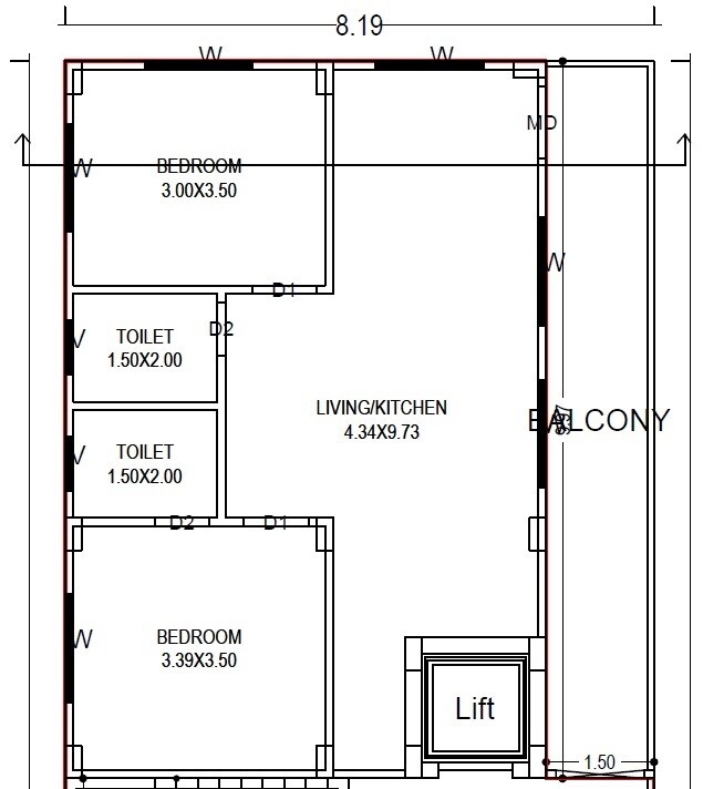 Floor plan of 2 BHK 1155 Sq. Ft. Apartment in Manikanta Arcade, Hyderabad
