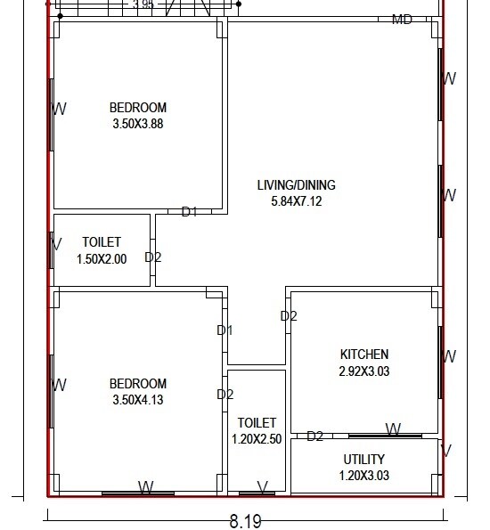 Floor plan of 2 BHK 1182 Sq. Ft. Apartment in Manikanta Arcade, Hyderabad