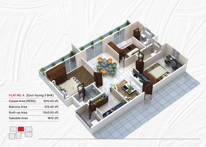Floor plan of 3 BHK 1364 Sq. Ft. Apartment in Manjeera Casa, Hyderabad