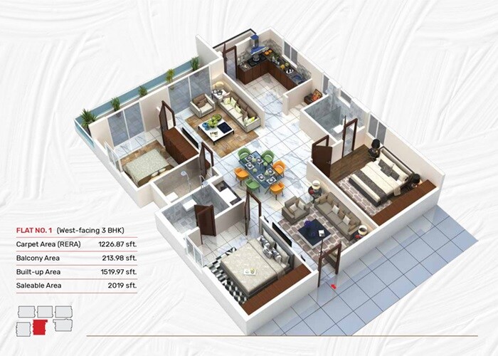 Floor plan of 3 BHK 1519 Sq. Ft. Apartment in Manjeera Casa, Hyderabad