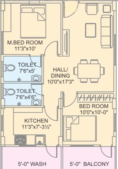 Floor plan of 2 BHK 911 Sq. Ft. Apartment in Manjeera Diamond Towers, Hyderabad