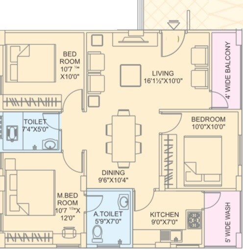 Floor plan of 3 BHK 1500 Sq. Ft. Apartment in Manjeera Diamond Towers, Hyderabad