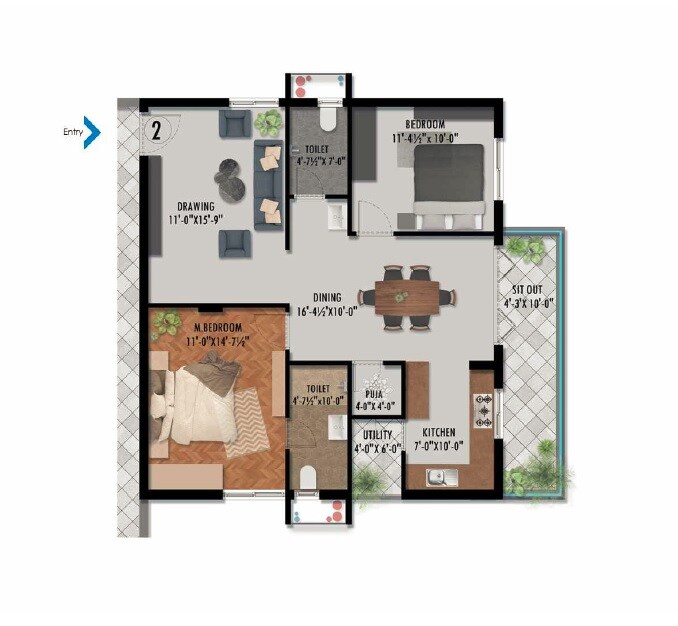 Floor plan of 2 BHK 731 Sq. Ft. Apartment in Manju Opus Blues, Hyderabad