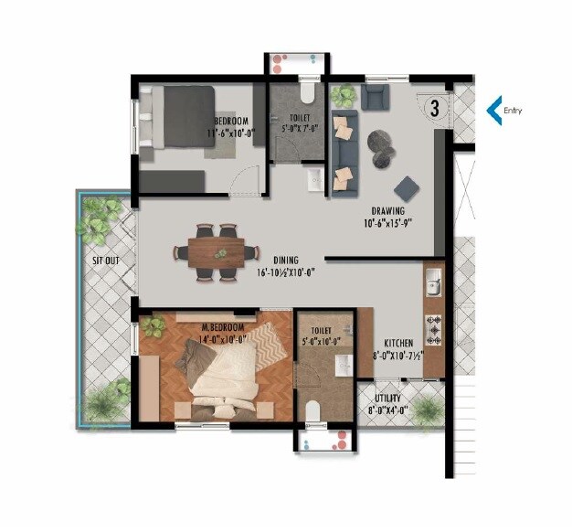 Floor plan of 2 BHK 943 Sq. Ft. Apartment in Manju Opus Blues, Hyderabad