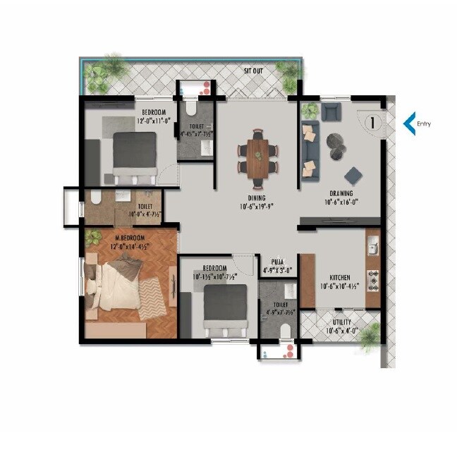 Floor plan of 3 BHK 1290 Sq. Ft. Apartment in Manju Opus Blues, Hyderabad