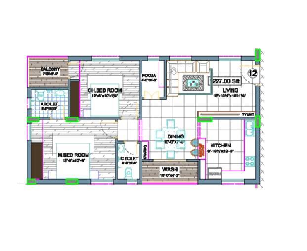 Floor plan of 2 BHK 1227 Sq. Ft. Apartment in Manomay Pushpam, Hyderabad