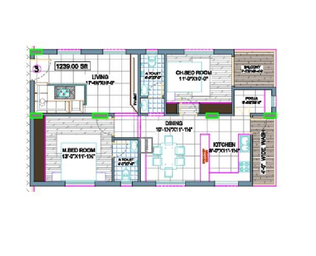 Floor plan of 2 BHK 1239 Sq. Ft. Apartment in Manomay Pushpam, Hyderabad