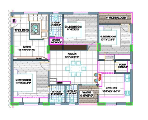 Floor plan of 3 BHK 1721 Sq. Ft. Apartment in Manomay Pushpam, Hyderabad