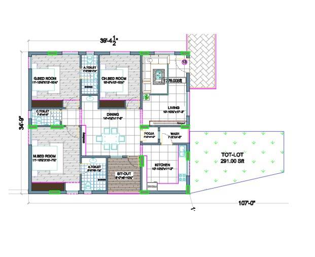 Floor plan of 3 BHK 1778 Sq. Ft. Apartment in Manomay Pushpam, Hyderabad