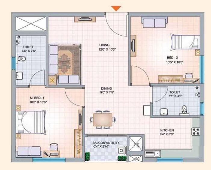 Floor plan of 2 BHK 850 Sq. Ft. Apartment in Mantri Celestia, Hyderabad