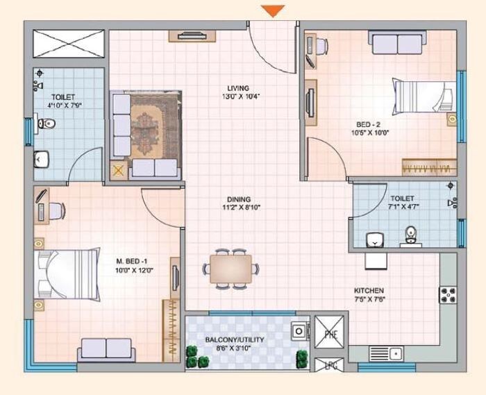Floor plan of 2 BHK 960 Sq. Ft. Apartment in Mantri Celestia, Hyderabad
