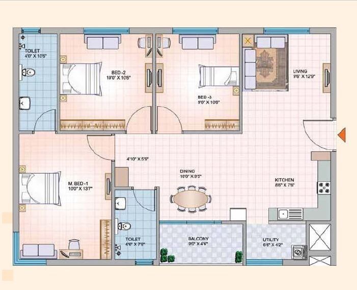 Floor plan of 3 BHK 1198 Sq. Ft. Apartment in Mantri Celestia, Hyderabad