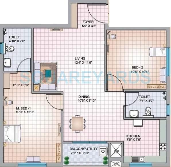 Floor plan of 2 BHK 1025 Sq. Ft. Apartment in Mantri Group Celestia, Hyderabad