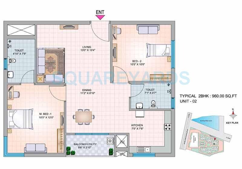 Floor plan of 2 BHK 960 Sq. Ft. Apartment in Mantri Group Celestia, Hyderabad