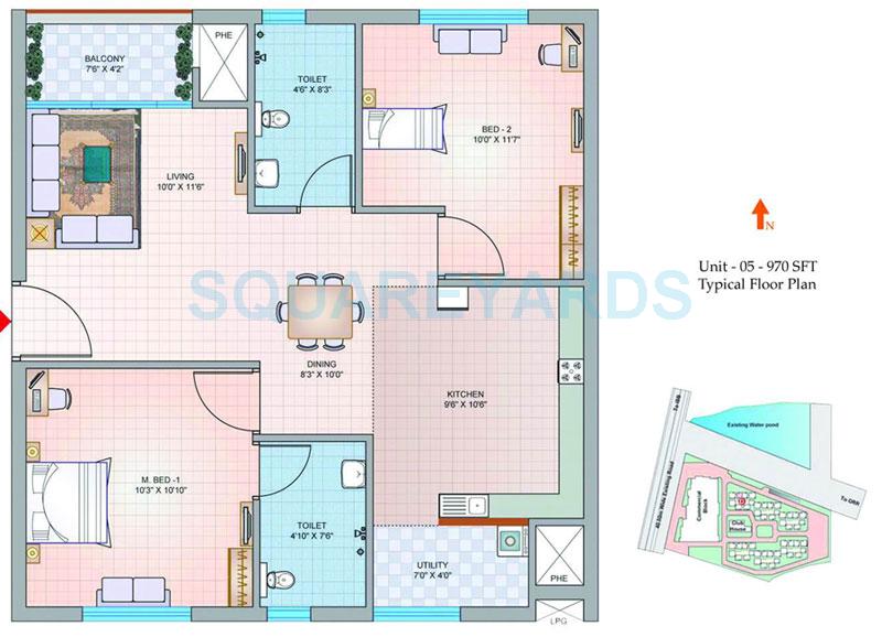 Floor plan of 2 BHK 970 Sq. Ft. Apartment in Mantri Group Celestia, Hyderabad