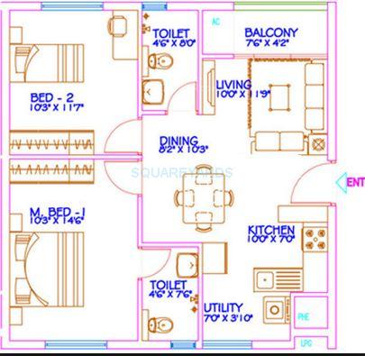 Floor plan of 2 BHK 980 Sq. Ft. Apartment in Mantri Group Celestia, Hyderabad