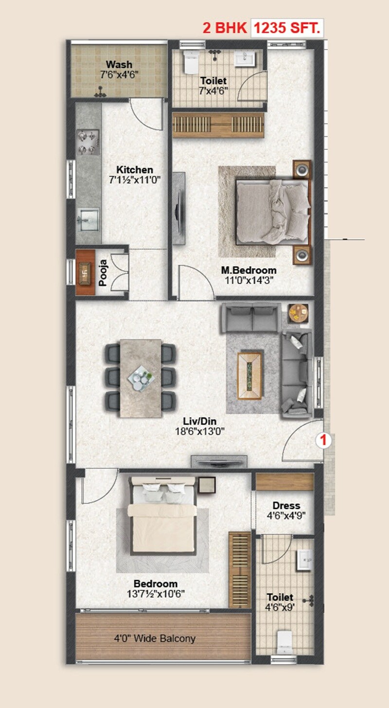 Floor plan of 2 BHK 1235 Sq. Ft. Apartment in Manvik Eternal Uday, Hyderabad
