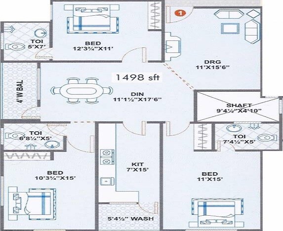 Floor plan of 3 BHK 1498 Sq. Ft. Apartment in Maphar Cascade, Hyderabad