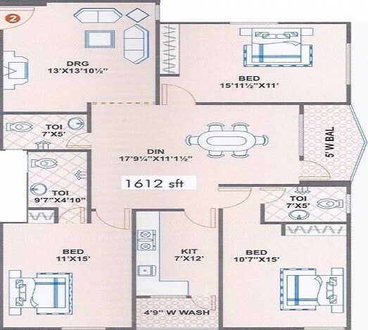 Floor plan of 3 BHK 1612 Sq. Ft. Apartment in Maphar Cascade, Hyderabad