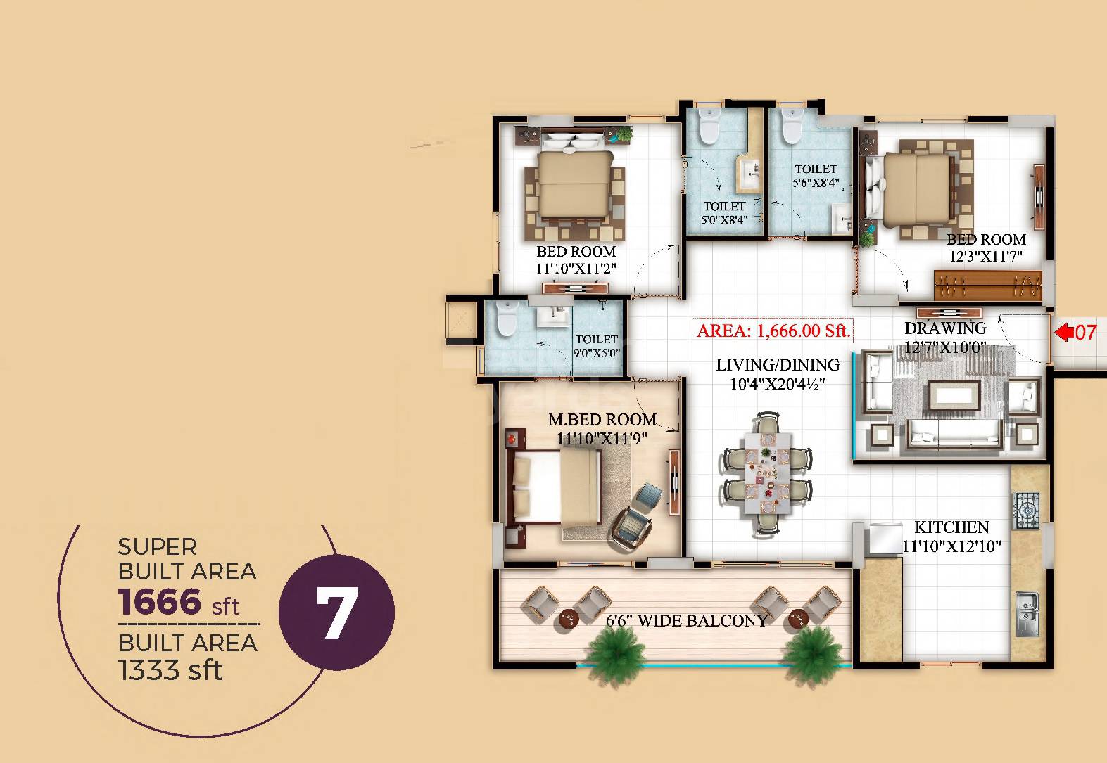 Floor plan of 3 BHK 1666 Sq. Ft. Apartment in Maphar Decent Tower, Hyderabad