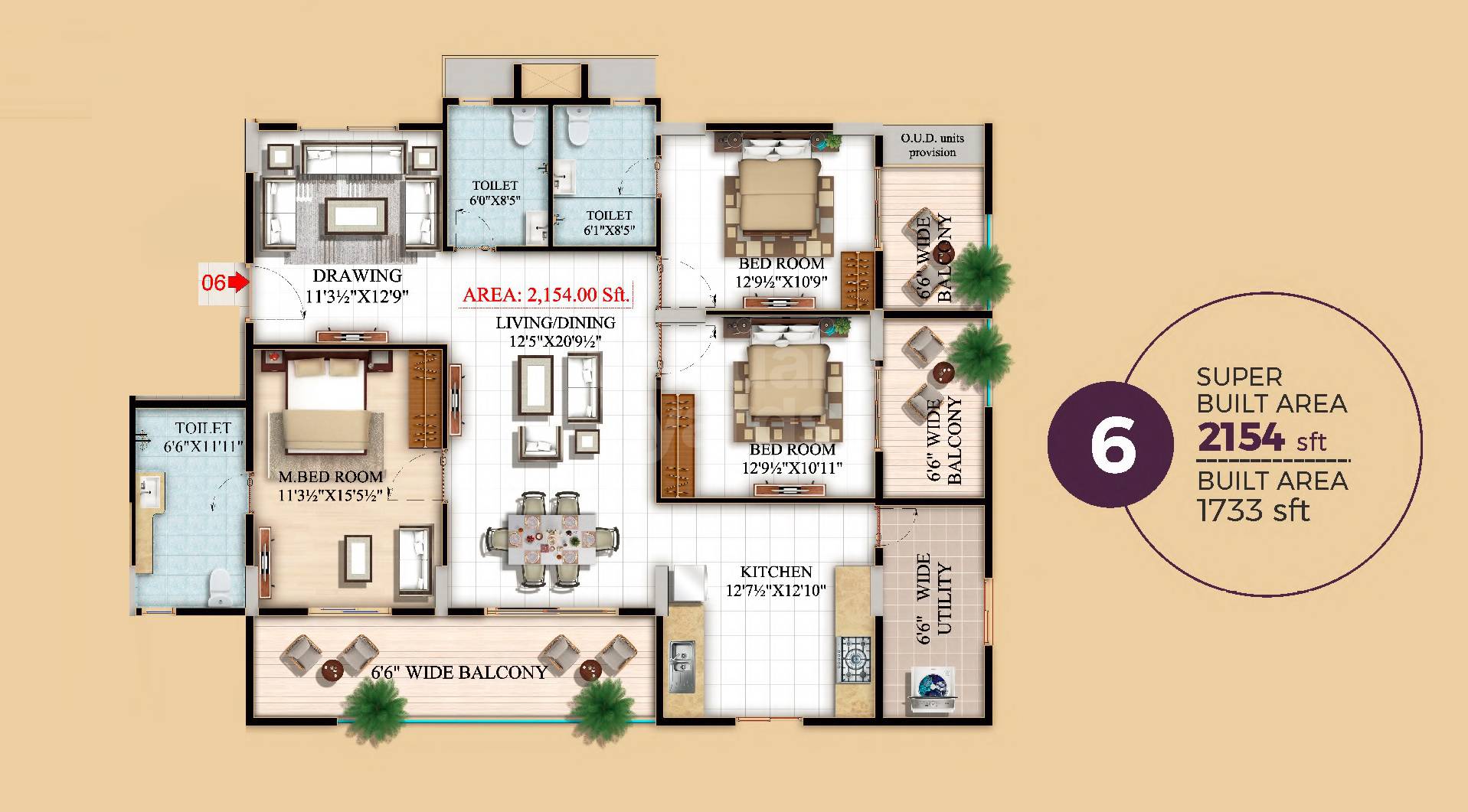 Floor plan of 3 BHK 2154 Sq. Ft. Apartment in Maphar Decent Tower, Hyderabad