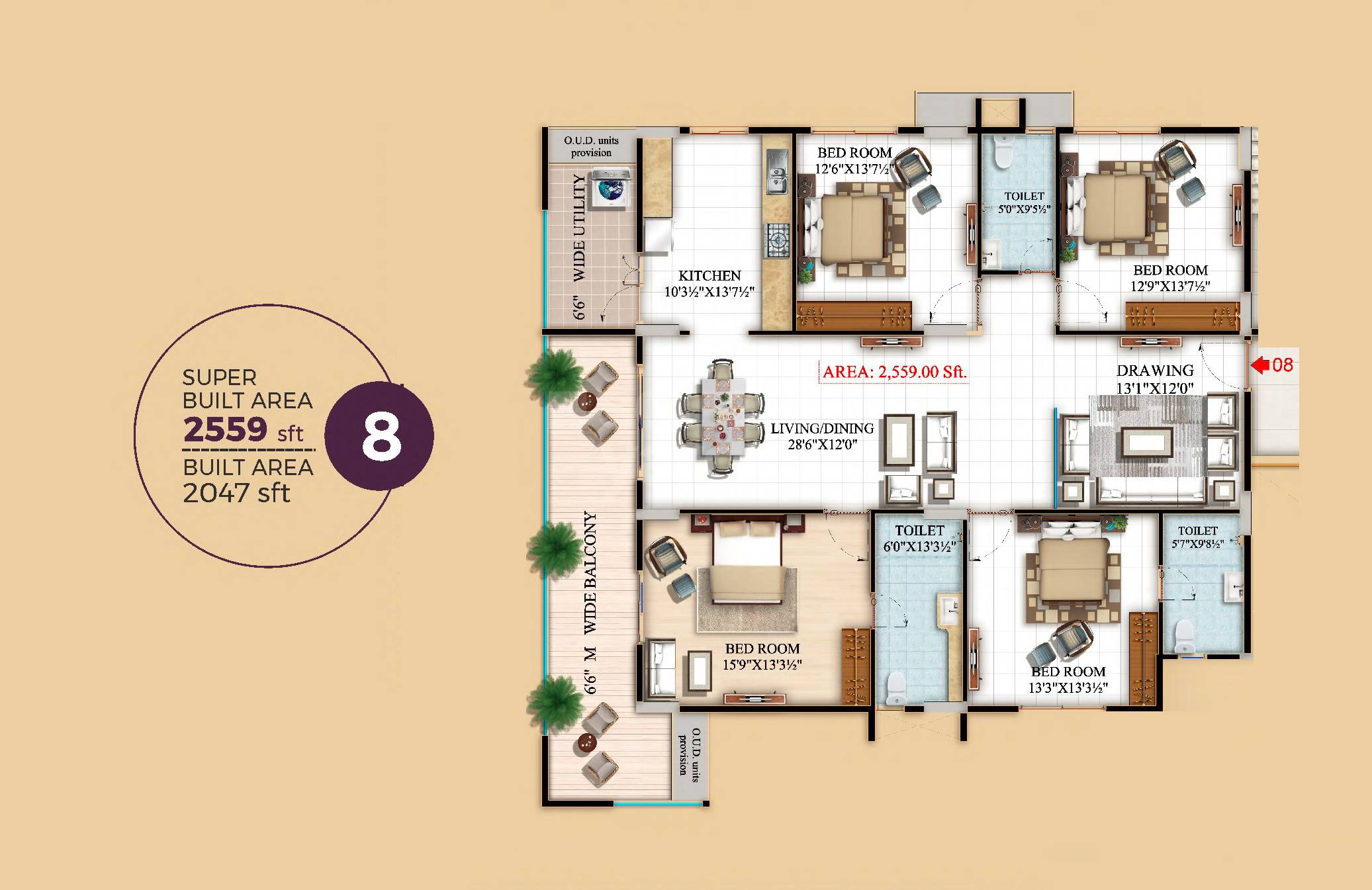 Floor plan of 4 BHK 2559 Sq. Ft. Apartment in Maphar Decent Tower, Hyderabad