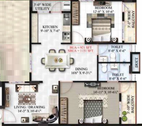 Floor plan of 2 BHK 1894 Sq. Ft. Apartment in Maphar Eternity, Hyderabad