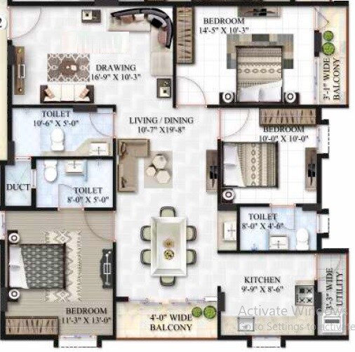 Floor plan of 3 BHK 2463 Sq. Ft. Apartment in Maphar Eternity, Hyderabad