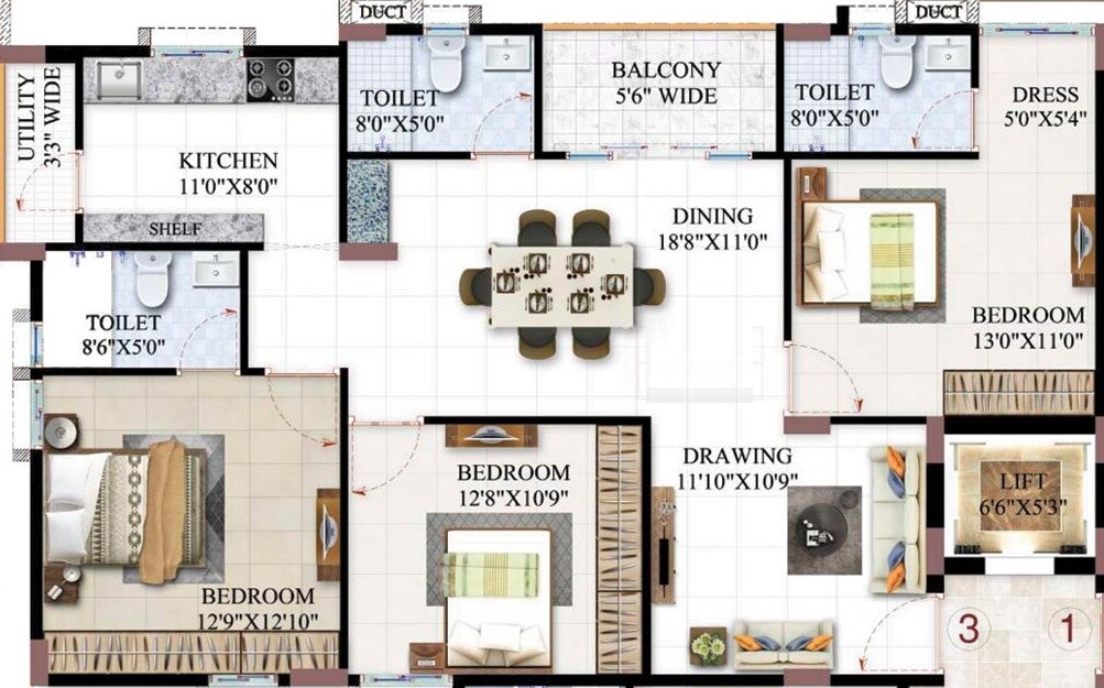 Floor plan of 3 BHK 1440 Sq. Ft. Apartment in Maphars Belmonte, Hyderabad