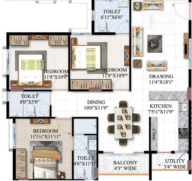 Floor plan of 3 BHK 1823 Sq. Ft. Apartment in Maphars Belmonte, Hyderabad