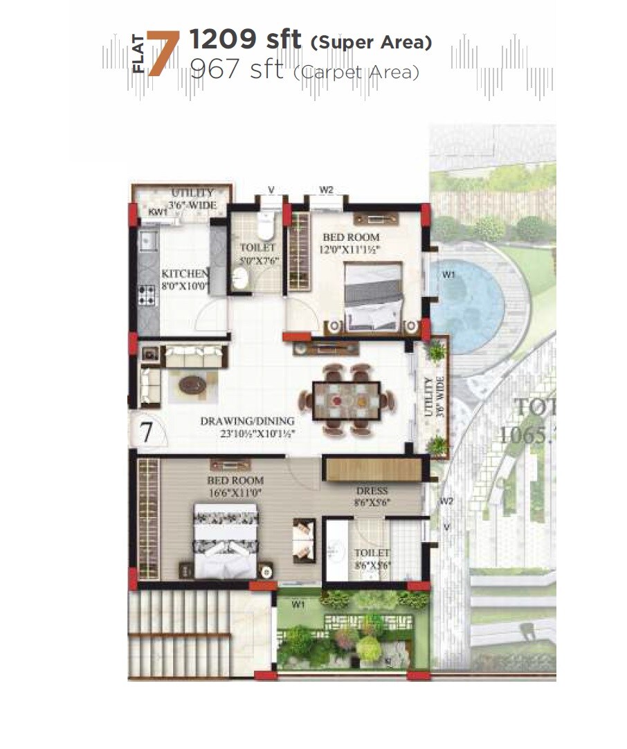 Floor plan of 2 BHK 1209 Sq. Ft. Apartment in Maphars Saba Residency, Hyderabad