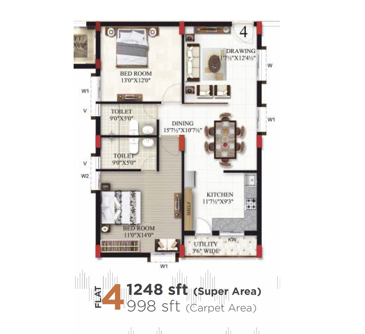 Floor plan of 2 BHK 1248 Sq. Ft. Apartment in Maphars Saba Residency, Hyderabad