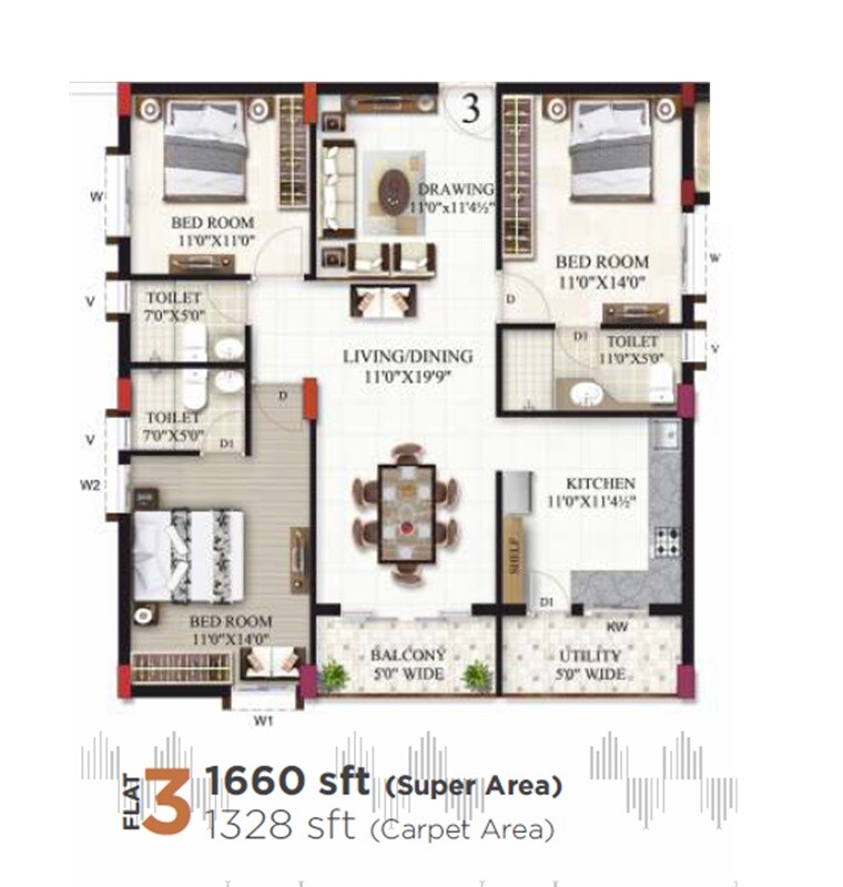 Floor plan of 3 BHK 1660 Sq. Ft. Apartment in Maphars Saba Residency, Hyderabad