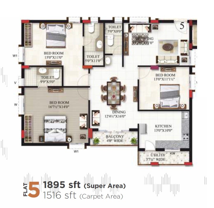 Floor plan of 3 BHK 1895 Sq. Ft. Apartment in Maphars Saba Residency, Hyderabad