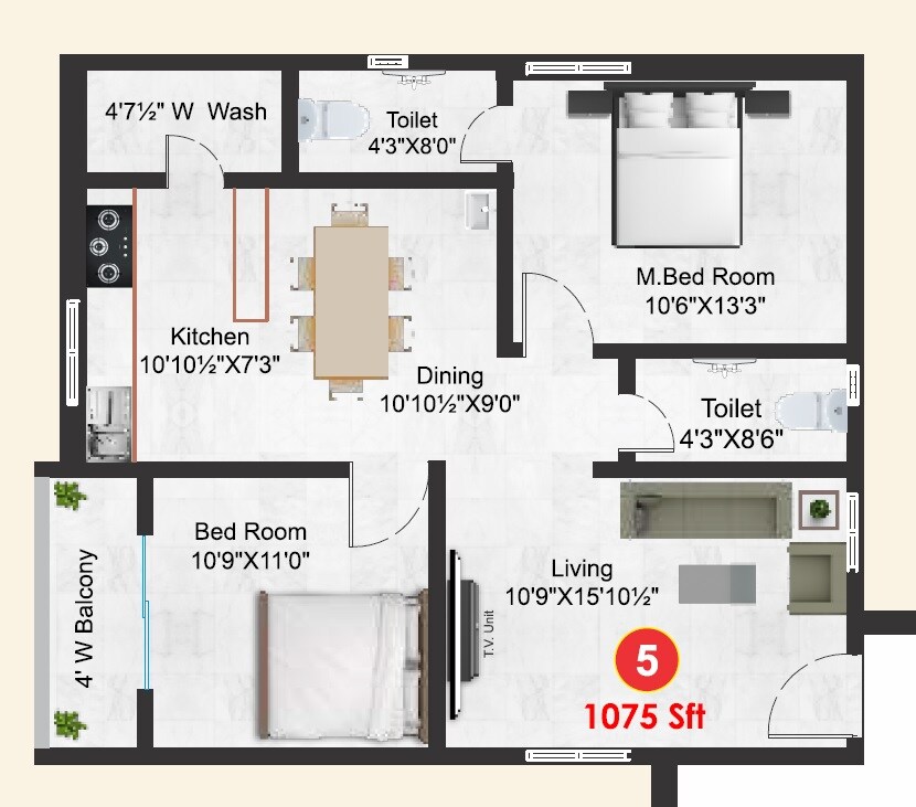 Floor plan of 2 BHK 1075 Sq. Ft. Apartment in Maple Crest, Hyderabad
