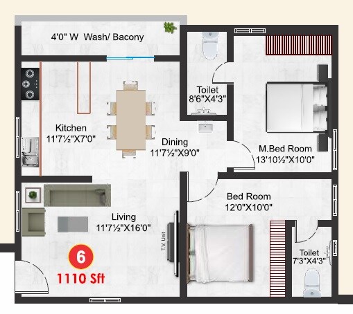 Floor plan of 2 BHK 1110 Sq. Ft. Apartment in Maple Crest, Hyderabad