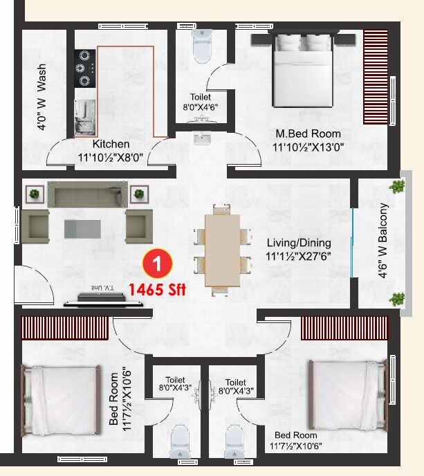 3 BHK 1465 Sq. Ft. Apartment