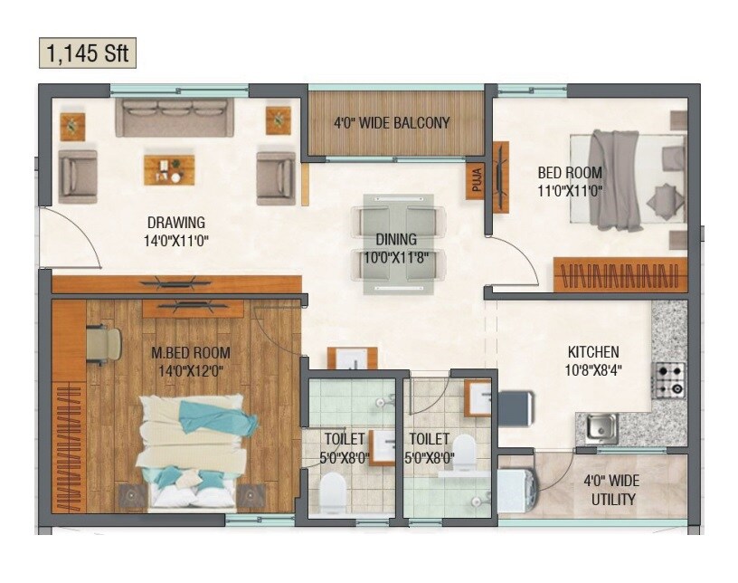 Floor plan of 2 BHK 1145 Sq. Ft. Apartment in Maram Katam Ganesh Arcade, Hyderabad