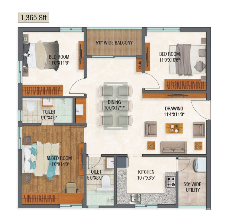 Floor plan of 2 BHK 1365 Sq. Ft. Apartment in Maram Katam Ganesh Arcade, Hyderabad
