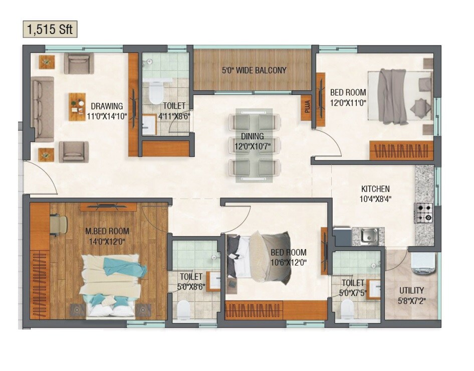 Floor plan of 3 BHK 1515 Sq. Ft. Apartment in Maram Katam Ganesh Arcade, Hyderabad
