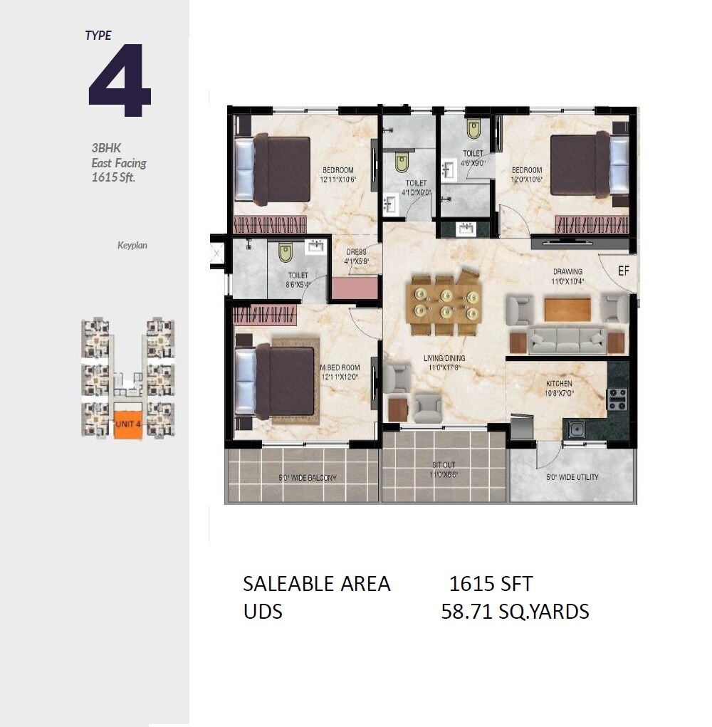 Floor plan of 3 BHK 1615 Sq. Ft. Apartment in Maram Katam Jayasree, Hyderabad