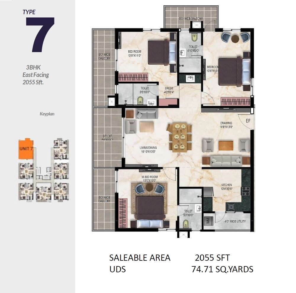 Floor plan of 3 BHK 2055 Sq. Ft. Apartment in Maram Katam Jayasree, Hyderabad