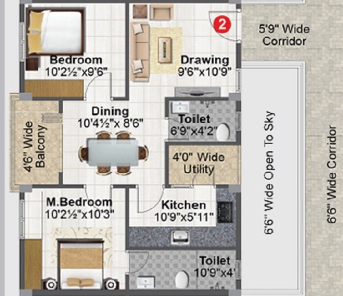 Floor plan of 2 BHK 870 Sq. Ft. Apartment in Maram RP Homes, Hyderabad