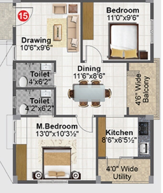 Floor plan of 2 BHK 897 Sq. Ft. Apartment in Maram RP Homes, Hyderabad