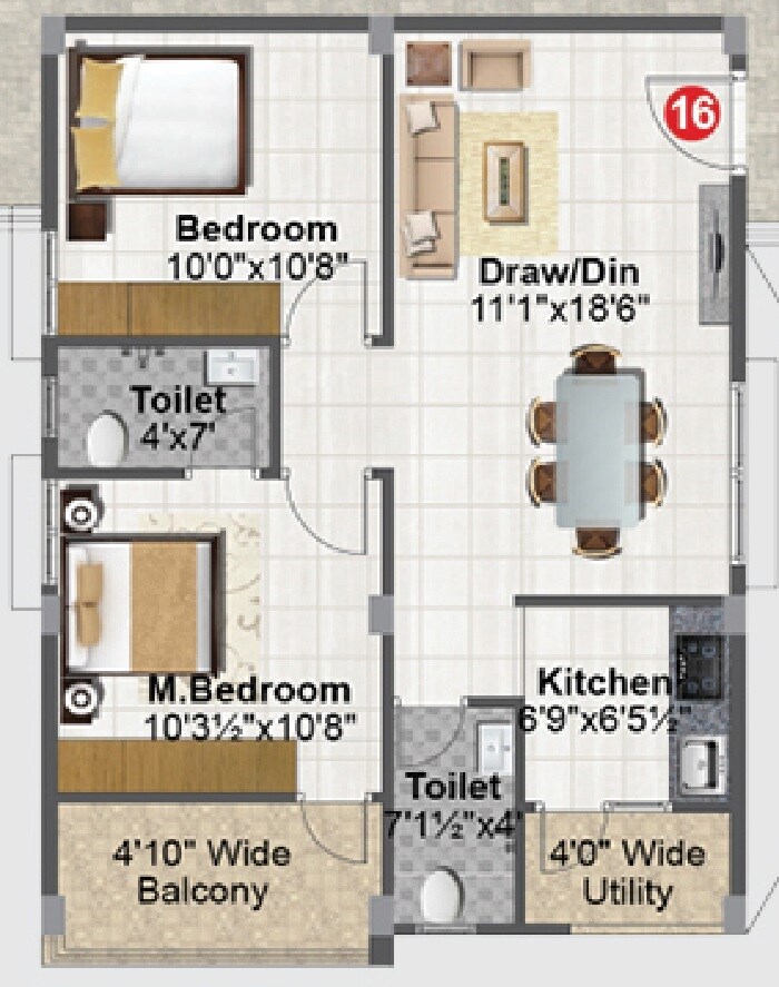 Floor plan of 2 BHK 918 Sq. Ft. Apartment in Maram RP Homes, Hyderabad